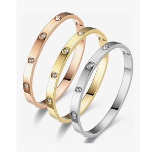 Set of 3 Crystal Screw Design Hinged Bangle Bracelets Gold Rose Silver Tone